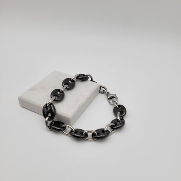 Edforce Stainless Steel and Black Ceramic Oval Chain Link Bracelet 8.25" (21cm) - Picture 1 of 7